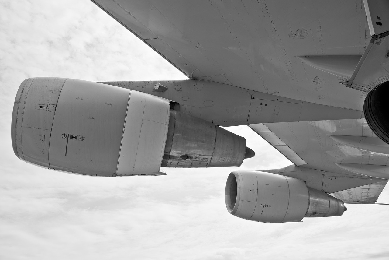 Black and white jet engine and wings in flight silhouette